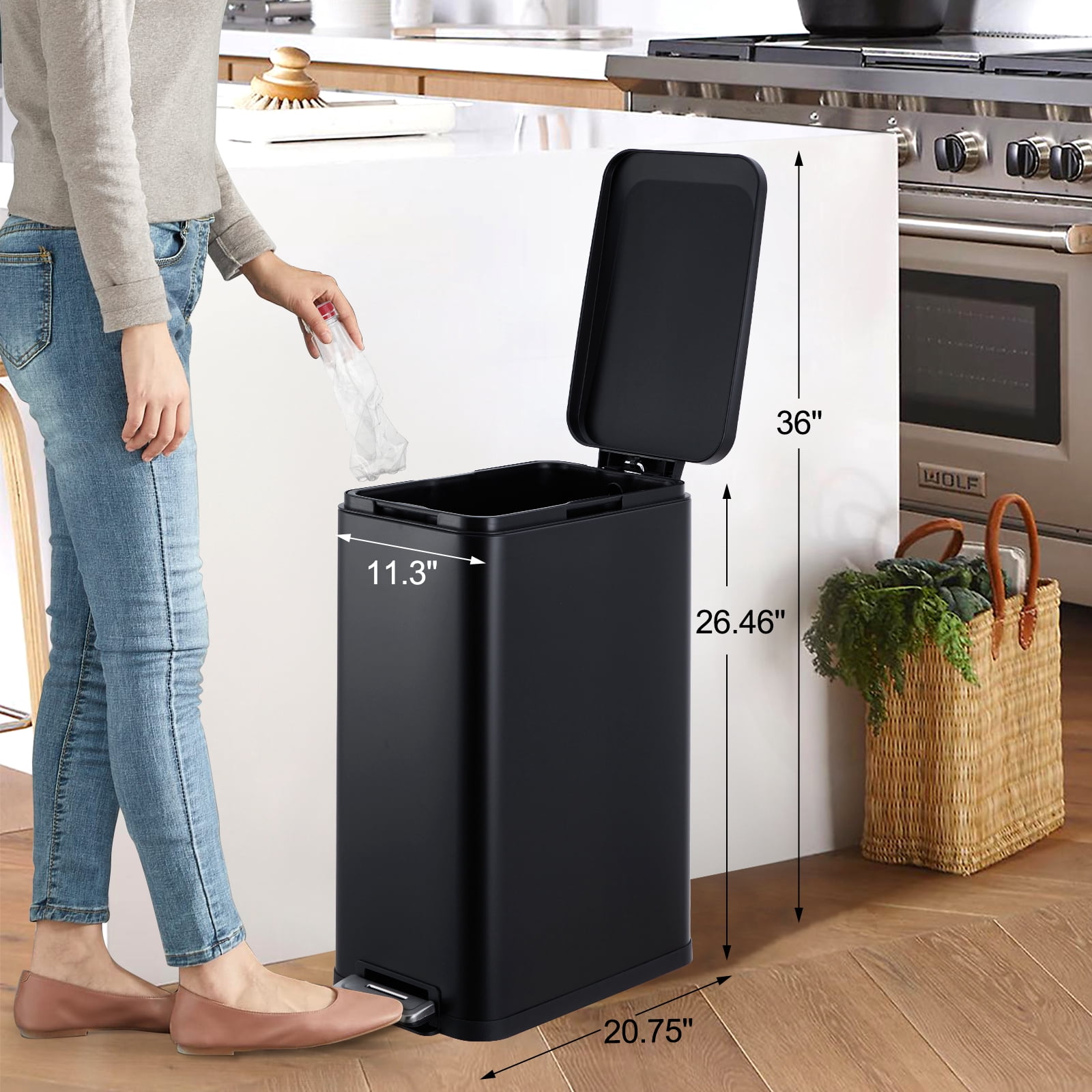 Gaderth 13 Gallon Step Trash Can, Stainless Steel Kitchen Garbage Bin with Soft-Close Lid & Removable Inner Bucket, Fingerprint-Resistant Slim Rectangle Design for Narrow Spaces