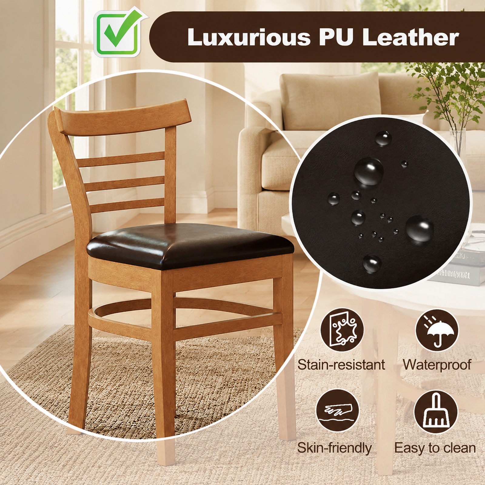 Furnibear Wooden Dining Chairs Set of 2 with Faux Leather Seats and Rubber Wood Legs for Restaurant Kitchen and Dining Room, Brown