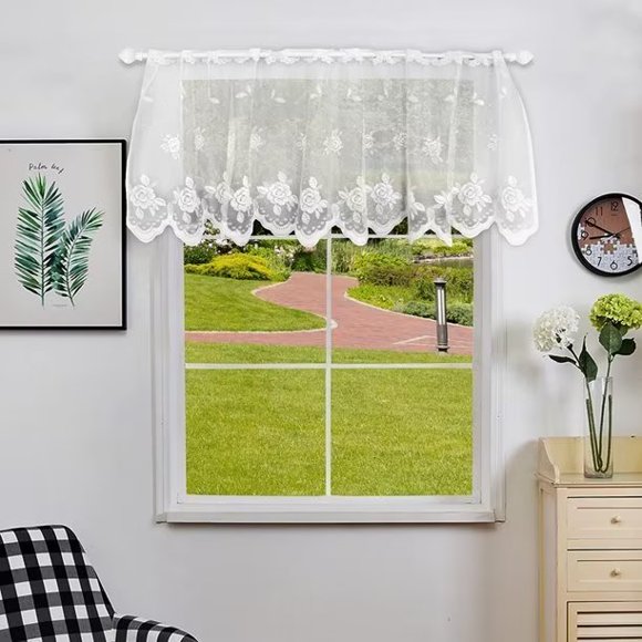 ZH.H Flower Lace Valance Short Sheer Cafe Kitchen Curtain Rod Pocket for Window Door 12" x 59" White