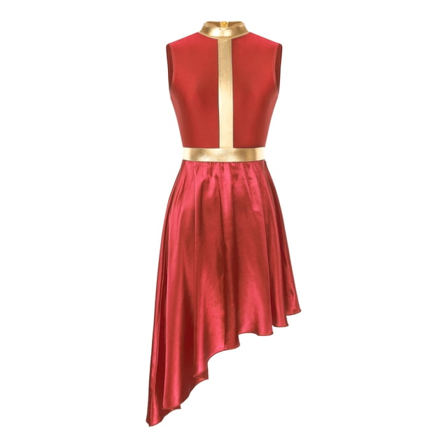 Hansber Tunique de Danse de Louange pour Femme Asymétrique en Satin Croix Dorée Culte Superposition de Costume de Danse Lyrique Rouge m