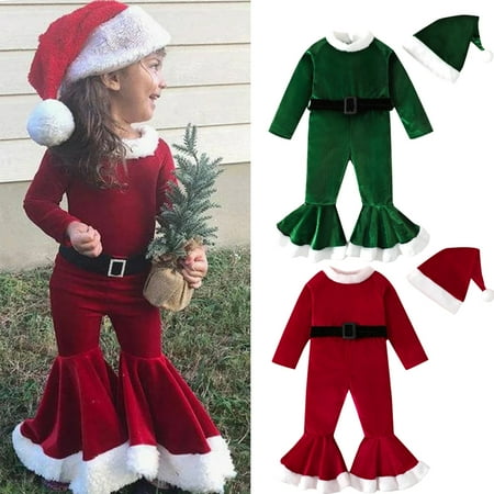 

SYNPOS Toddler Baby Girls Velvet Flare Jumpsuit+Hat Chiristmas Santa Claus Outfit