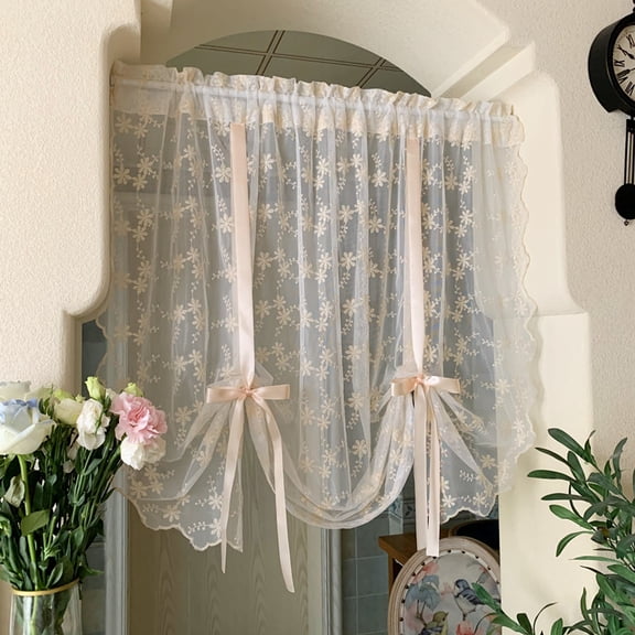 Jinswick Victorian Floral Lace Sheer Tie‑Up Curtain, 1 Panel 49"W x 39"L, Adjustable Light Filtering Ruffled Cafe Valance with Rod Pocket for Kitchen