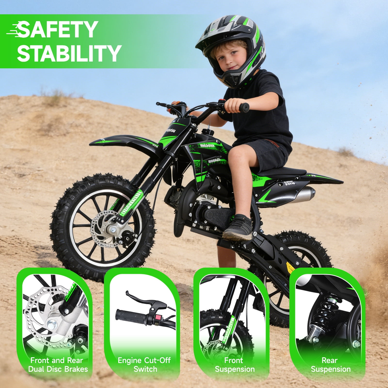 Yedigre Mini Kid Dirt Bike, 49CC 2-Stroke Gas Powered Motorcycle, Up to 25 Mph, Max Load 330 LBS, for Children Aged 3 to 12