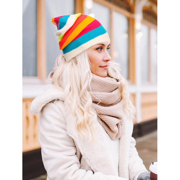 Outdoor Color-Blocking Knitted Hat Winter Warm Rainbow Hat For