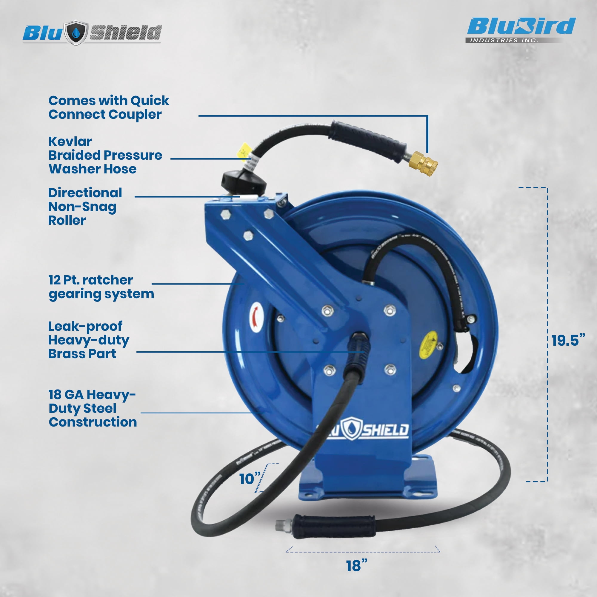 BluShield Pressure Washer Hose Reel with Aramid Braided Hose, 4100 PSi 6' Lead-in Hose, NPT, Lighter, Stronger, Flexible, 1-Year Warranty (3/8" x 50' w/Coupler Plug)