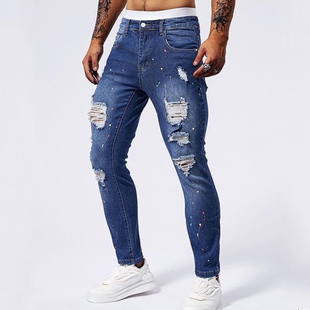 Pantalones de mezclilla ajustados para hombre, estilo casual, con bolsillos, perforados y estampados de lunares, color liso, elásticos, de pierna corta