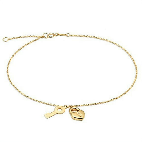 LOVEBLING 10K Yellow Gold .50mm Diamond Cut Rolo Chain with a Lock and Key pendants Anklet Adjustable 9" to 10" (#10)