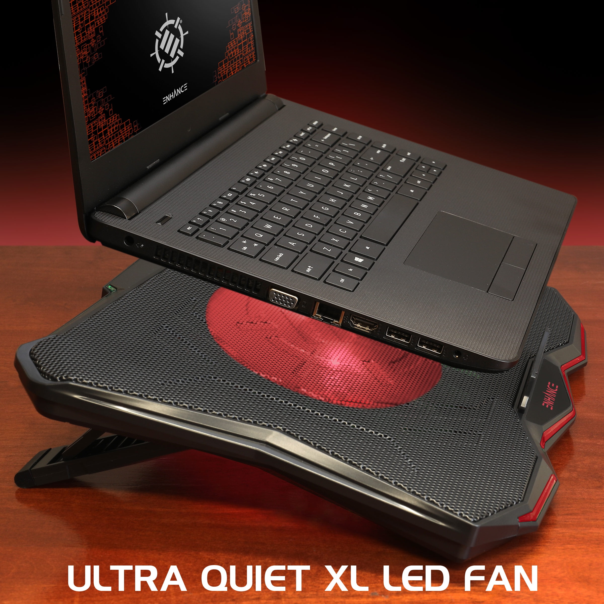 ENHANCE Cryogen 5 Gaming Laptop Cooling Pad Stand, Adjustable Height, USB Ports, 800 RPM - Red