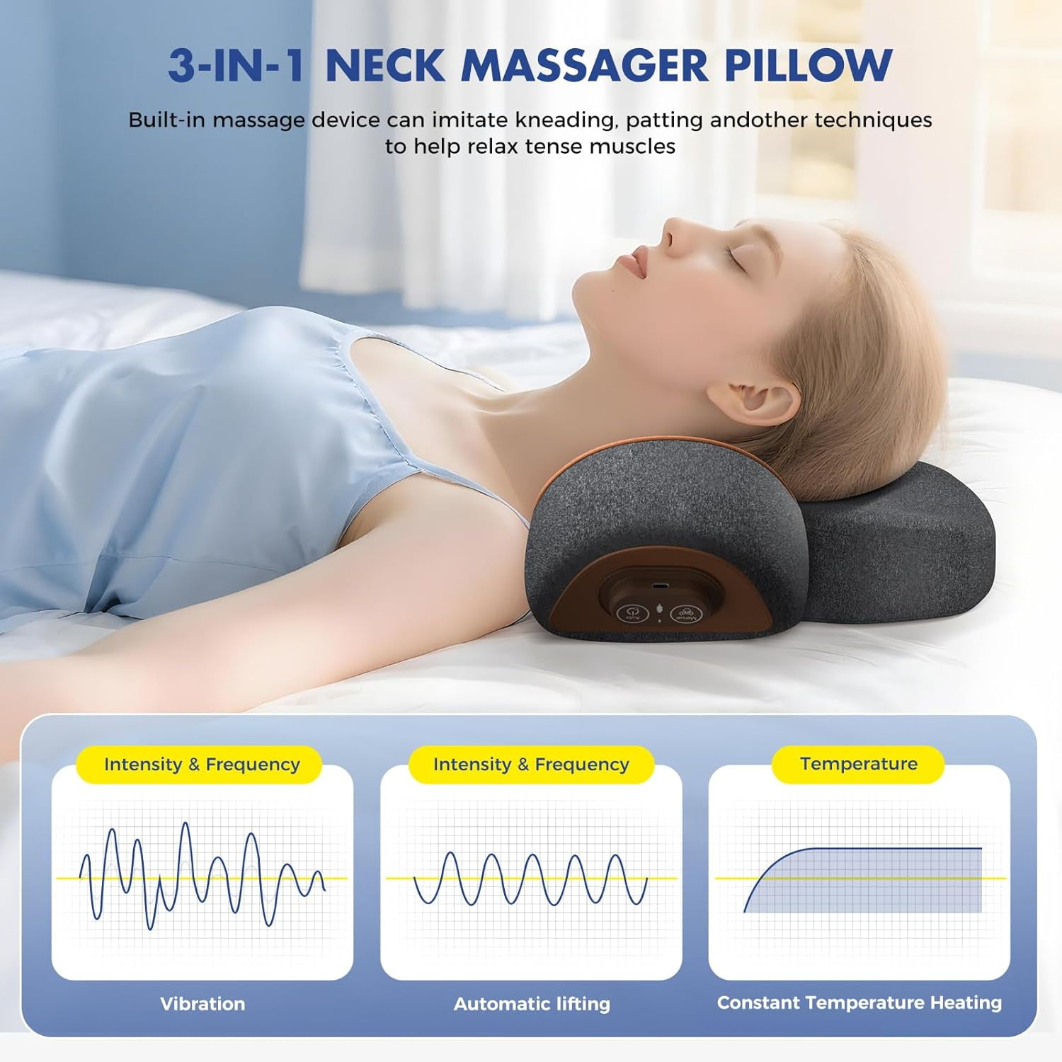 3-in-1 Neck Massager Pillow with Heating and Cervical Traction - Deep Tissue Massage for Pain Relief, Ergonomic Shoulder Massage Pillow, Neck Hump Corrector Ideal Gift for Women and Men Corded