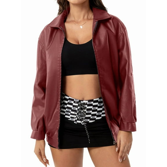 Women'S Loose Leather Oversized Long Sleeved Lapel Jackets 2025 Fall Fashion Outfits Winter Clothes Wine Red XL