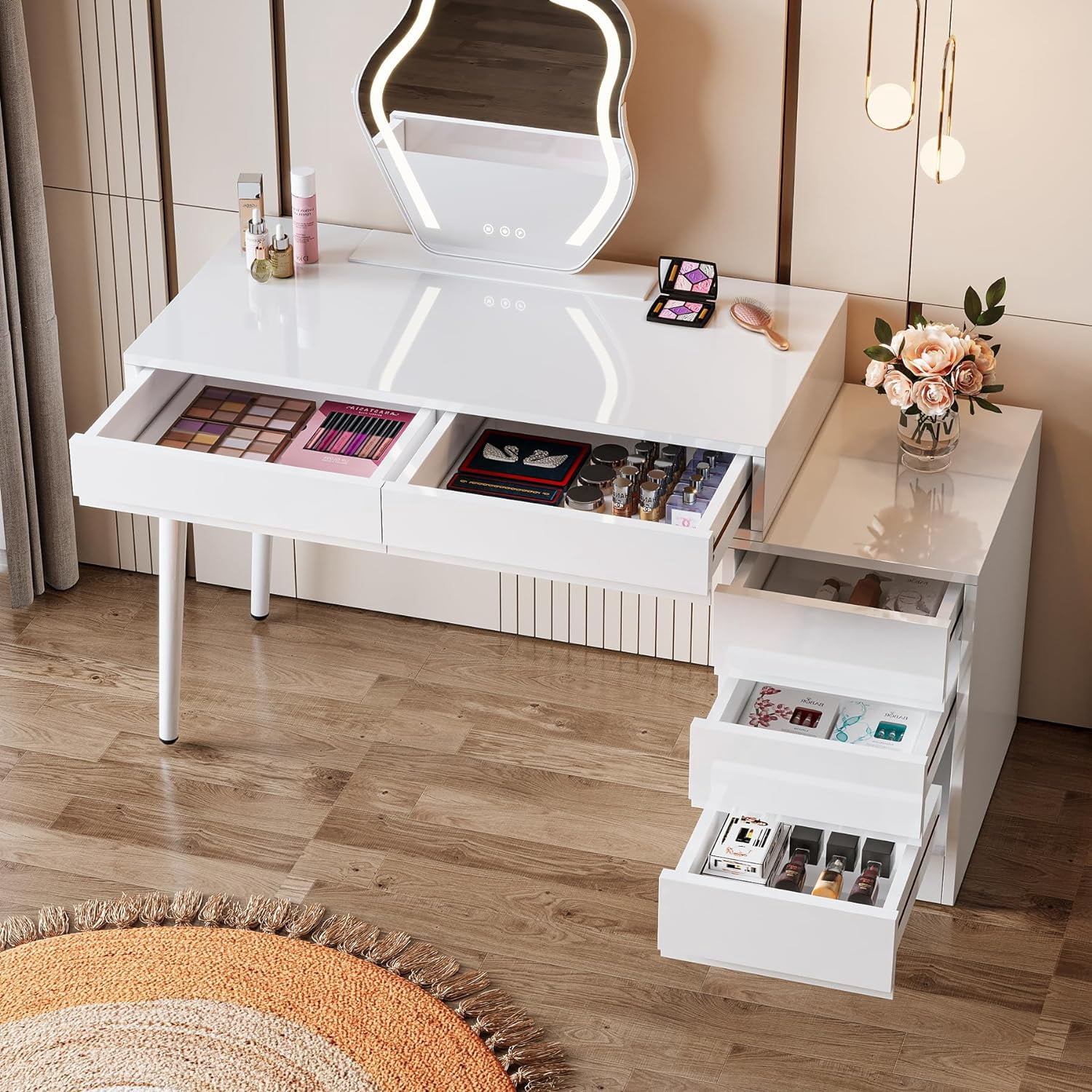 Finmind White Desk with 5 Drawers, Modern Home Office Desk with Storage Drawers and Printer Stand, Reversible Computer Desk Vanity Desk for Bedroom, Living Room