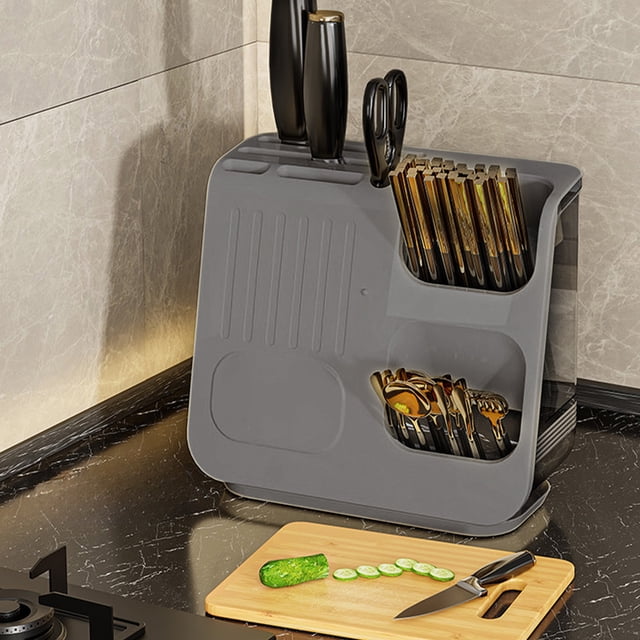 Organizador de Cubiertos de Plástico Premium - Escurridor de Utensilios de Cocina, Gris MNFD