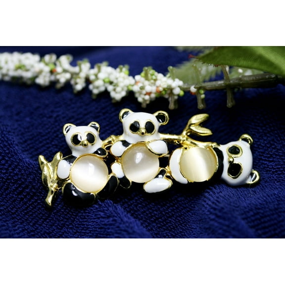Fashion Statement Black White Family Trio Panda Brooch Pin for Women 14K Gold Plated Brass