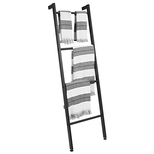 Mdesign Metal Free Standing Wall Leaning Decorative Bath Towel Rack Bar Storage Ladder - For Bathroom, Kitchen; Holds Towels, Blanket, Throw Blankets, Quilts - 4 Levels - Matte Black
