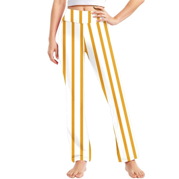 Riecok Girls Leggings High Waisted Elasticity Stripe Print Fashion Straight Yoga Pants Yellow 10 Years