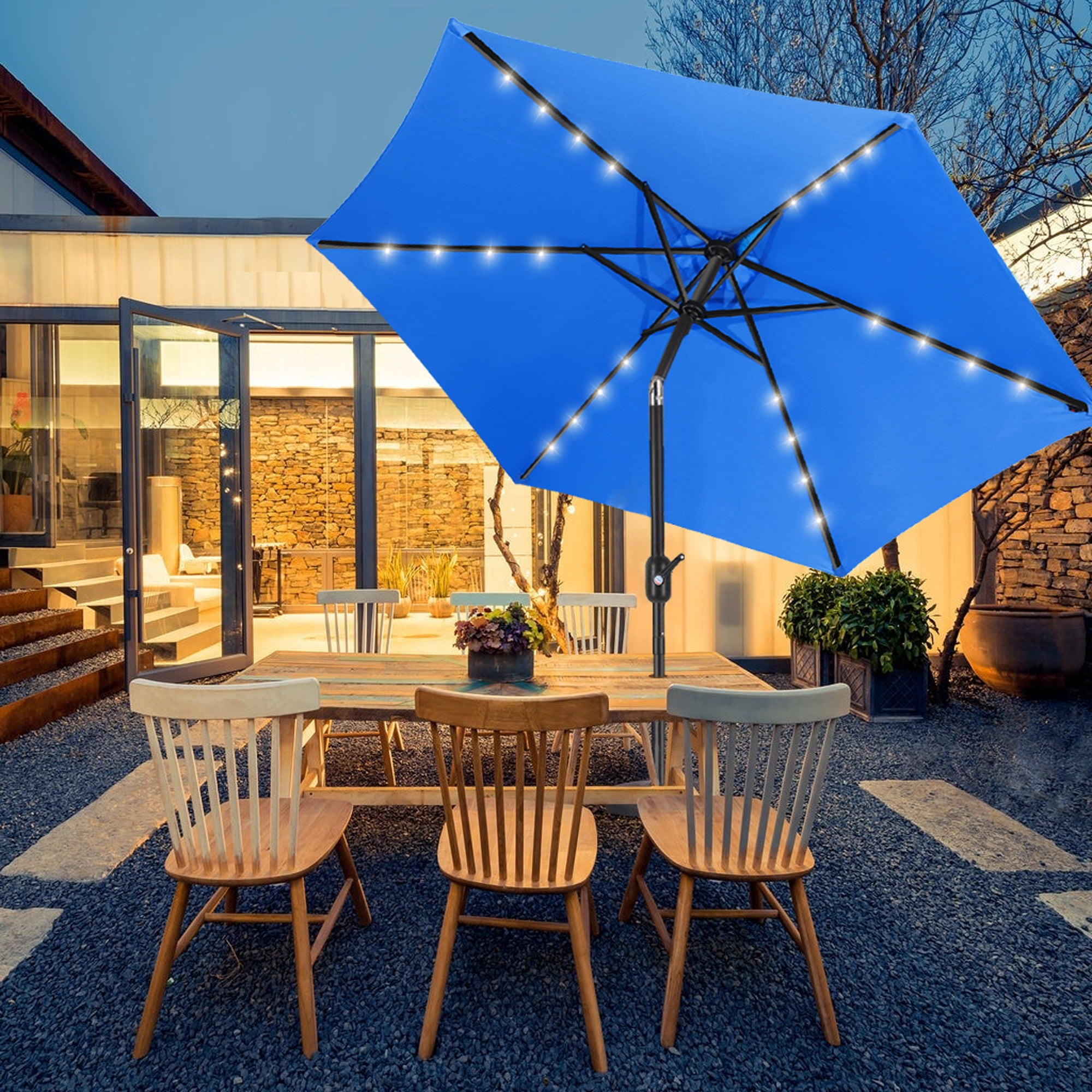 Scafild | 7.5 Ft Solar LED Light Patio Umbrella Outdoor W/ Easy Tilt - Ocean Blue