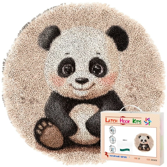 Latch Hook Rug Kit Cute Baby Panda Stamped Handmade Round Shape Carpet Crochet Yarn Craft DIY Hook and Latch Door Mat Tapestry for Home Floor Decor 50x50cm(1)