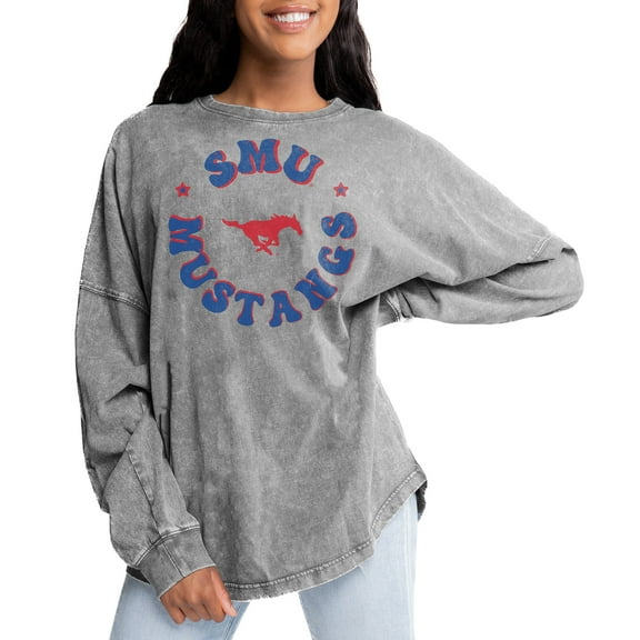 Women's Gameday Couture Gray SMU Mustangs Playing Around Faded Wash Oversized Long Sleeve T-Shirt