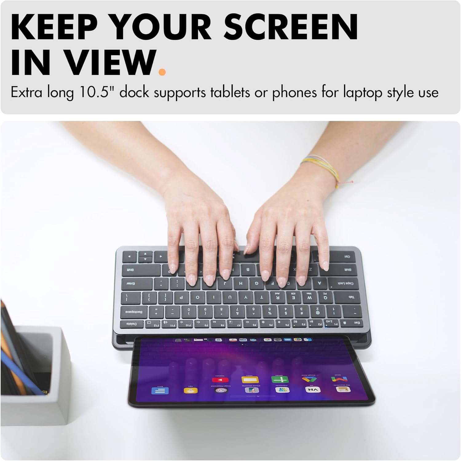 Small Wireless Keyboard with Dock - (BT + 2.4Ghz) - Ready for Travel - Compact Bluetooth Keyboard for Tablet, Phone, Office - Backlit, Portable, Multi-Device - PC, Mac, iPad, Android
