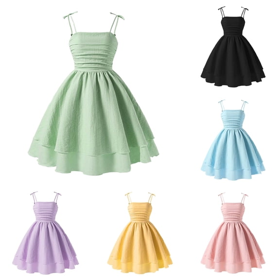 Dresses for Girl Spaghetti Strap Square Neck Smocked A-Line Dress for Summer Vacation Teen Casual Boho Sundress