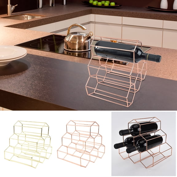 Geometric Iron 6 Bottle Wine Rack, Metal Freestanding Wine Storage Stand for Kitchen and Tabletop, Black Wrought Iron Bottle Holder Organizer