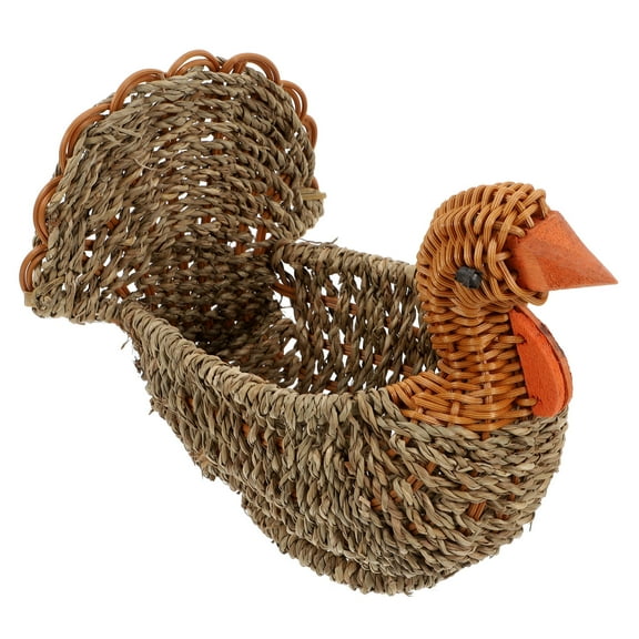 NICEXMAS Rustic Turkey Shape Woven Storage Basket Made of Straw and Wood