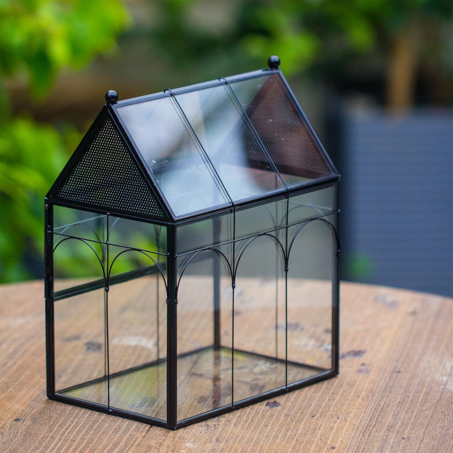 NCYP Glass Enclosure with Vent Holes for Insect, Spiders, Snails - 7.5" x 4.9" x 9", Small Closed Front Opening Door Succulent Terarium - House Shape Habitat, Home Decor Black (No Plants)