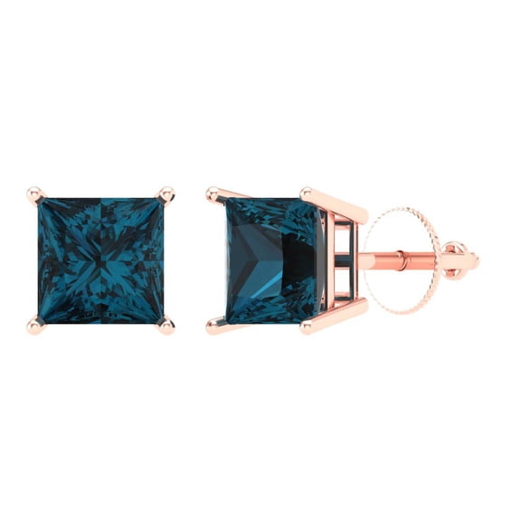 4 ct Screw-Back Stud Earrings for Women | 7.0mm Princess Cut Natural London Blue Topaz | 18K Rose Gold