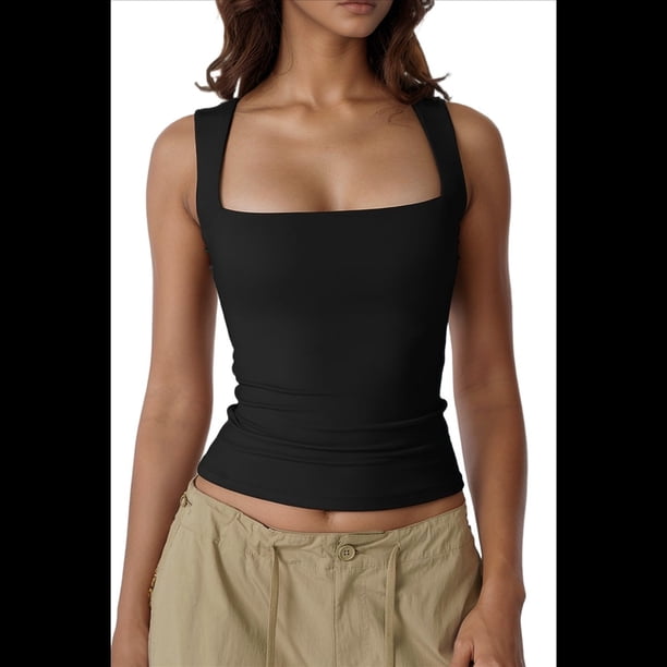 Camiseta Sin Mangas con Cuello Cuadrado para Mujer, Color Negro, Talla S