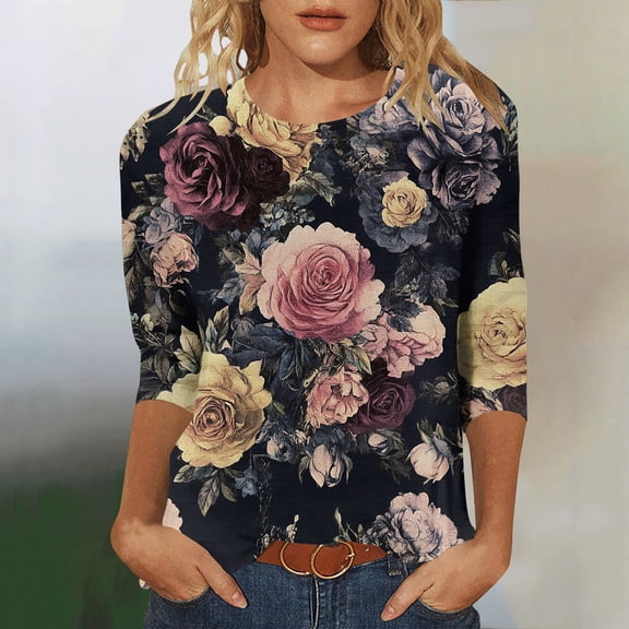 QUNYINEY 3/4 Sleeve Shirts for Women Trendy Floral Tops Loose Fit Crew Neck Womens Graphic Tees