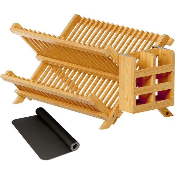 Black Bamboo Dish Drying Rack with Cutlery Holder, 2-Tier Foldable Dish Rack, Wooden Dish Rack for Kitchen Countertops, Folding Drying Rack with Absorbent Dish Drying Mat