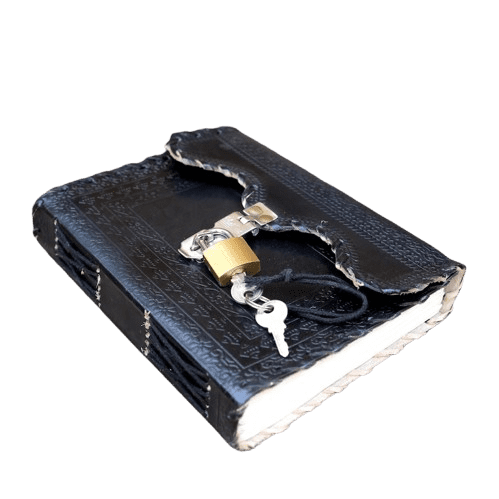 Black Leather Journal with Padlock & Key, 5x7 Inch Notebook, 200 White Drawing Paper Pages, Secure Locking Diary for Writing & Sketching