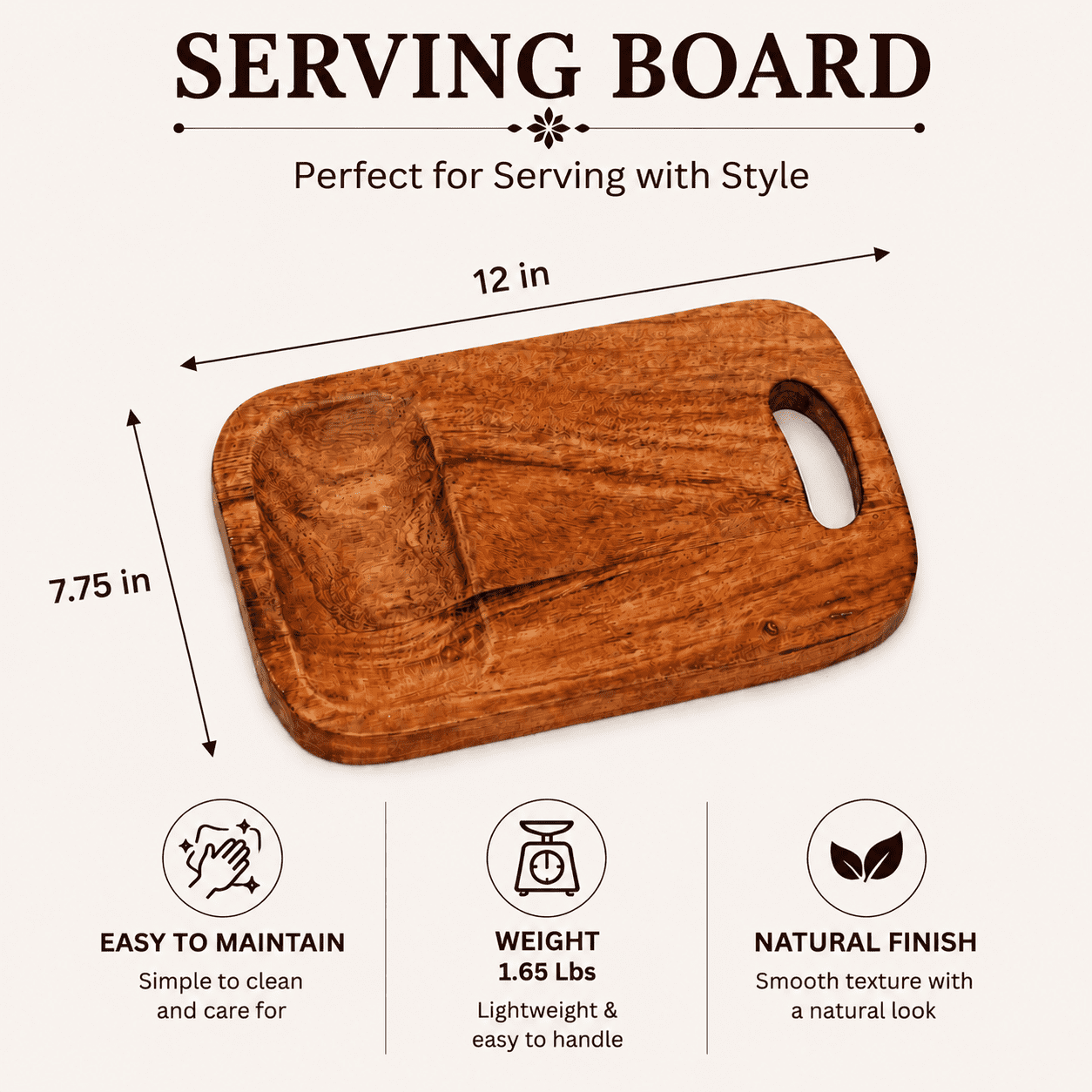 Acacia Wood Cutting Board with Built-In Handle, Handcrafted Wooden Chopping Board, Natural Finish Kitchen Prep & Serving Board for Bread, Cheese, Fruits & Charcuterie, 7.75 x 0.75 x 12 Inches