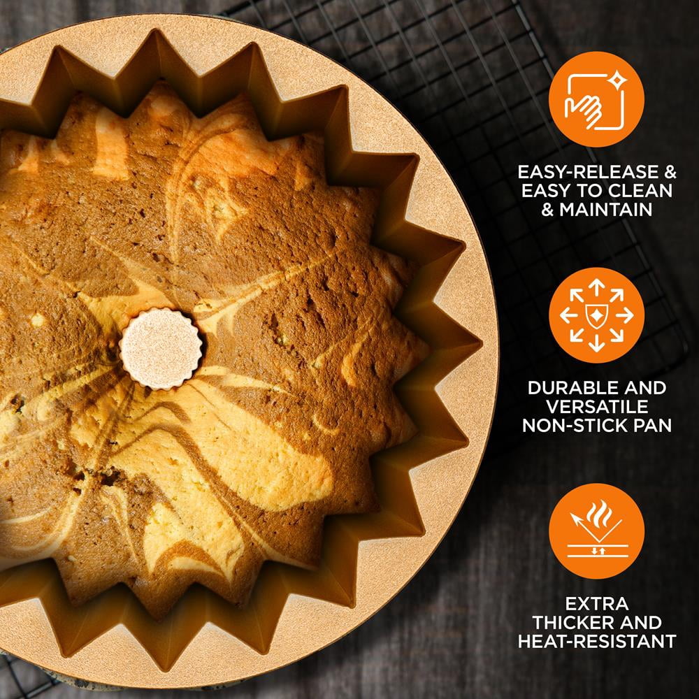 French Wreath Fluted Bundt Cake Pan, Extra Thick and Non Stick Aluminum Bakeware with 2 Layers of Non Stick Coating for Easier Release, Uniform Baking and Browning