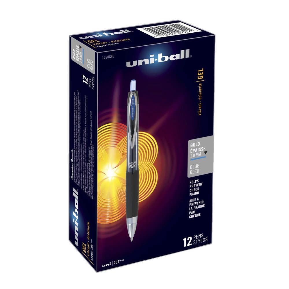 uniball 207 Retractable Gel Pens, Bold Point (1.0mm), Blue, 12 Count