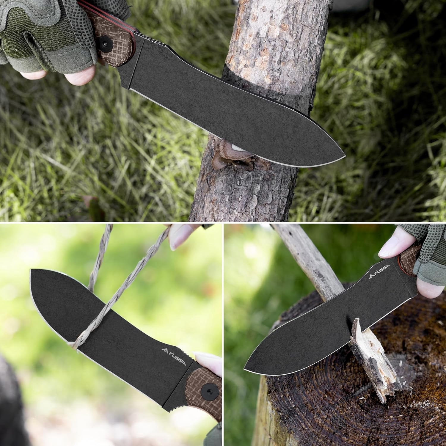 FLISSA Fixed Blade Knife with Sheath, 4.7" Full Tang Hunting Kukri Knife with 14C28N Steel Blade, G10 and Linen Handle, Rope Cutter for EDC Outdoor Hiking, Survival, Camping