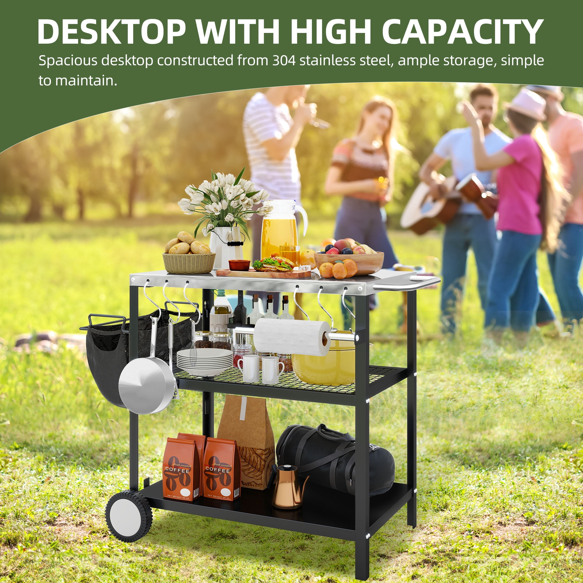 Uforic Rolling Outdoor Grill Table with Wheels, 3 Shelf Pizza Oven Cart, Outside Food Prep Stand