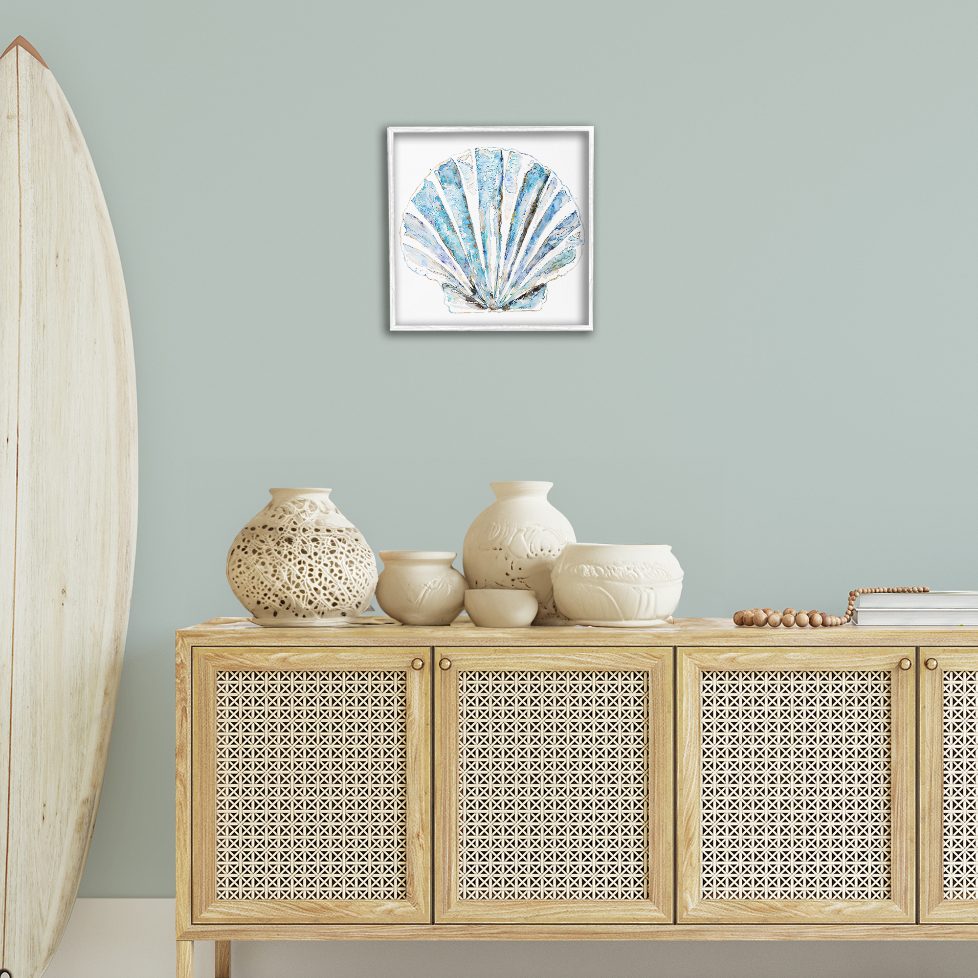 Stupell Industries Blue Clam Shell Coastal Painting White Framed Art Print Wall Art, 17 x 17