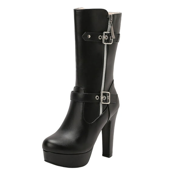 Black Solid Color Mid Calf Boots For Women With Belt Buckle And Platform Heel High Heel For A Fashionable Winter Look