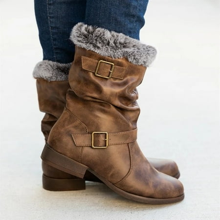 

Tangnade Woman Shoes Winter Fashion Women s Casual Shoes Breathable Slip-on Warm Middle Ankle Boots Low Heels Thermal Boots Brown 37