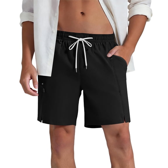 happyYEE Men’s Quick Dry Shorts with Zipper Pockets Drawstring Elastic Waist Casual Shorts Outdoor Running Sport Shorts for Men,Black,,L