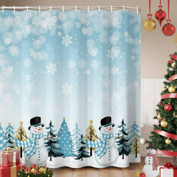 Blue Christmas Snowman Shower Curtain, Xmas Trees Winter Snowflake Waterproof Fabric Shower Curtains with 12 Hooks, Bathroom Curtain Set for Bathroom Accessories Decor, 66 x 72 Inches