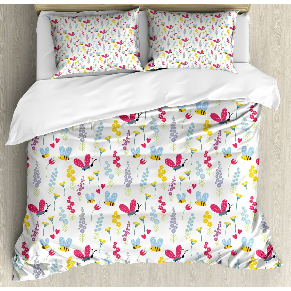 Bee Queen Size Duvet Cover Set, Love of Nature Summer Flowers and ...