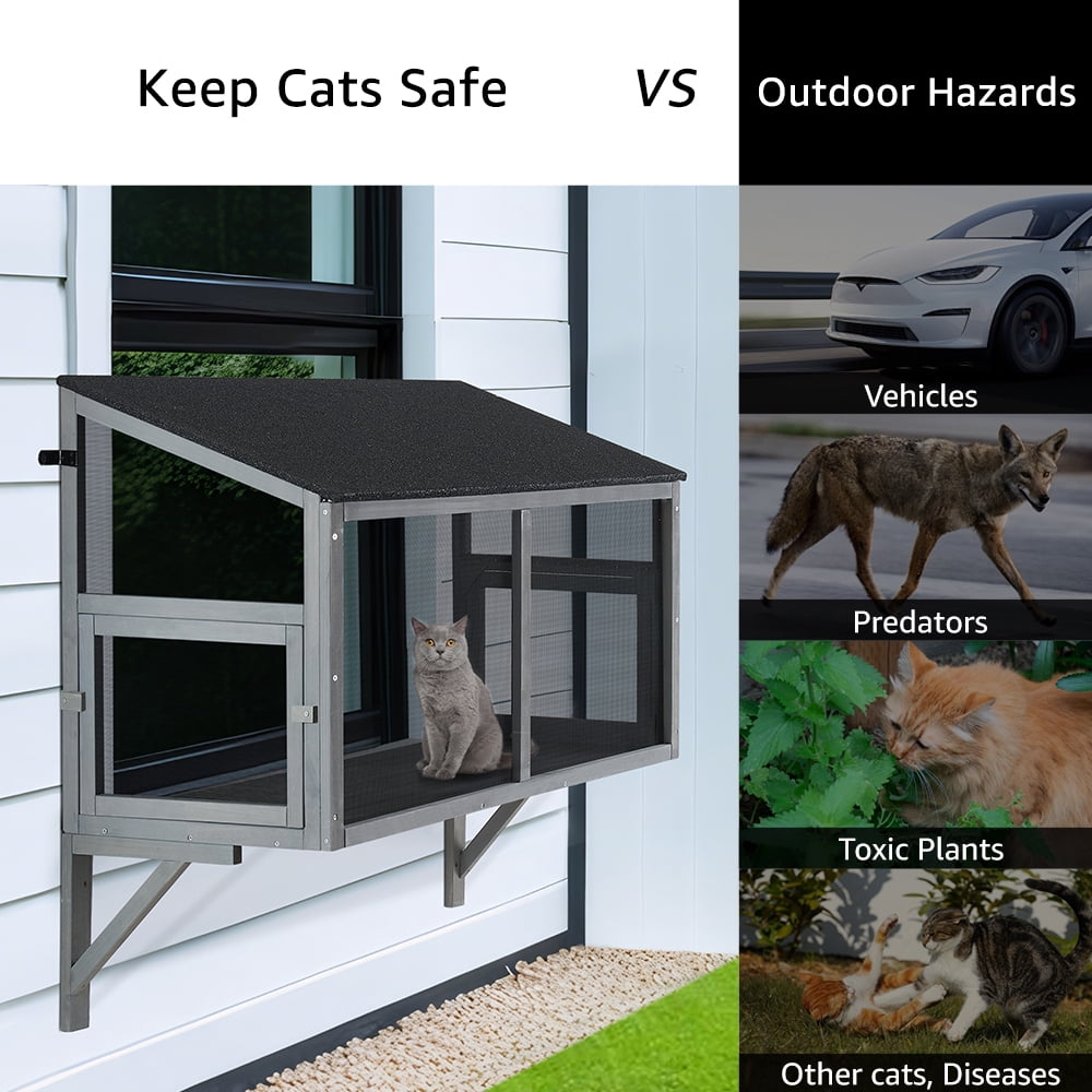 unipaws Bug Proof Cat Catio, Window Box Enclosure for Indoor Cats, Wooden Cat Window Perch House