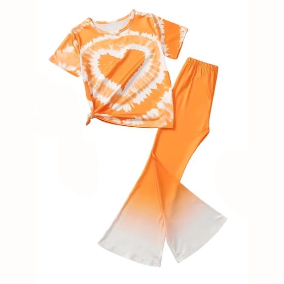 Ruiwill Girls Outfit Set Size 9-10 Years Short Sleeve Crew Neck Love Heart Print Tops With Flared Pants Summer Dailywear Casual Lightweight Girls Clothes Set Orange
