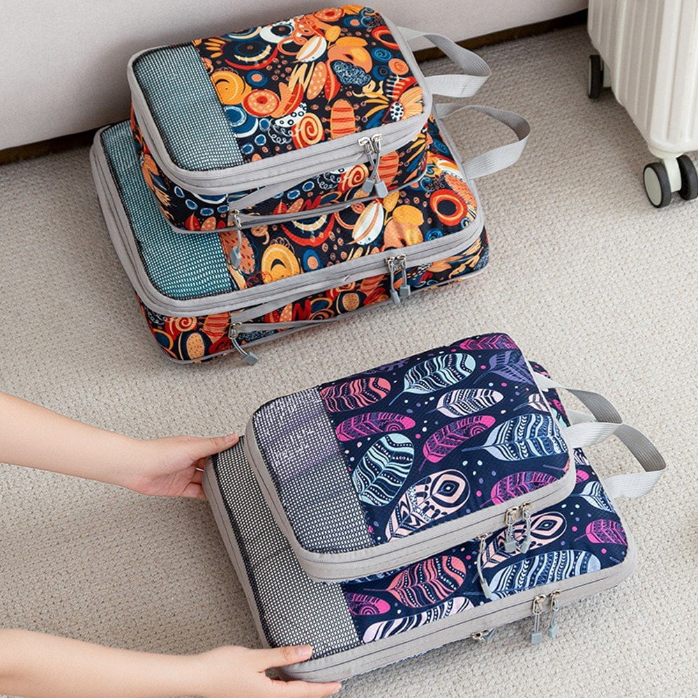 4-Pcs Packing Cube Set - Lightweight Organizers For Home Organizers Vacation And Suitcases With Compression Compression Packing Cubes Travel(Blueberry print )