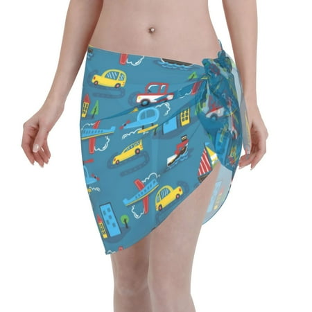 Disketp Cartoon Transportations Women Swimsuit Cover Up Short Chiffon Summer Beach Sarong Bikini Wrap Skirt Bathing Suit