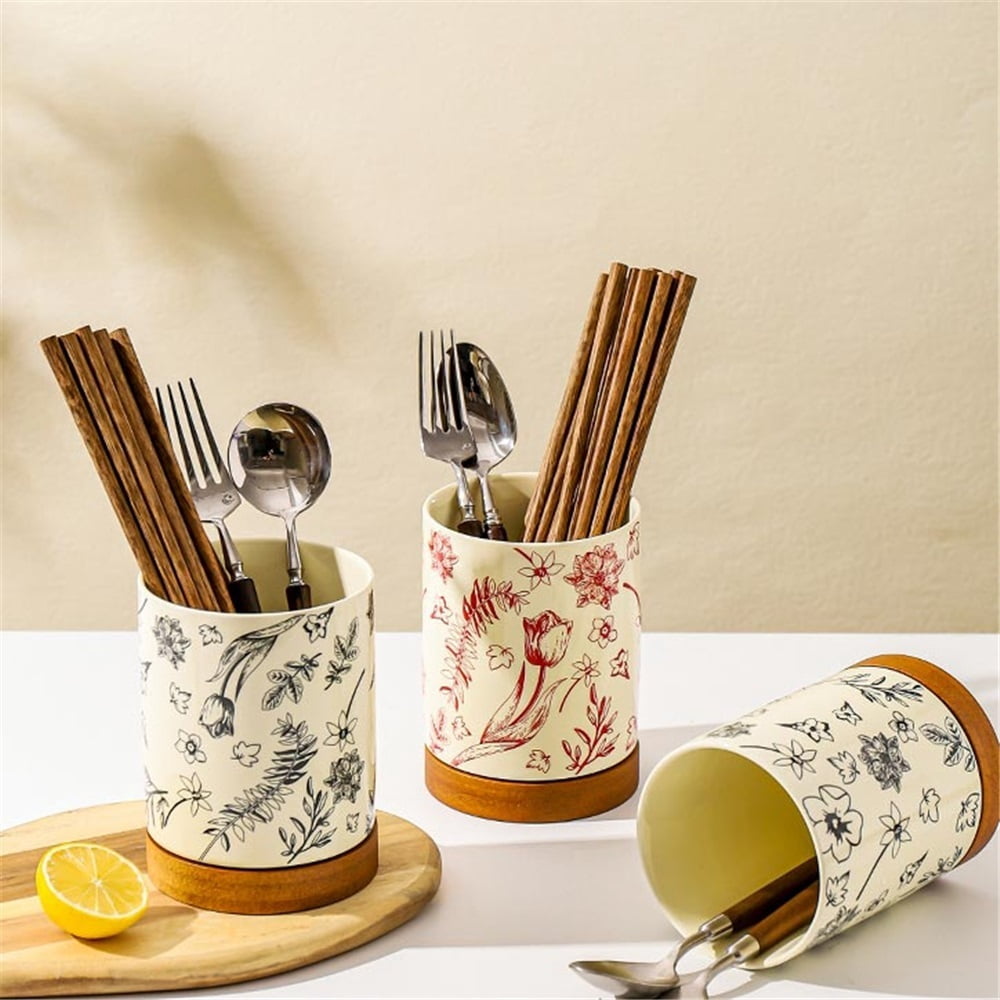 Kitchen Utensil Holder Ceramic for Countertop Utensil Organizer with Drain Tray