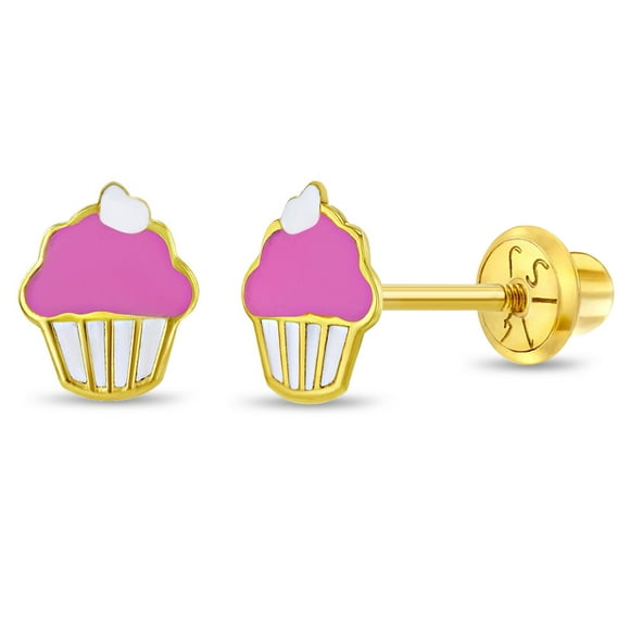 14k Yellow Gold Pink & White Enamel Cupcake Screw Backs for Young Girls-Preteens