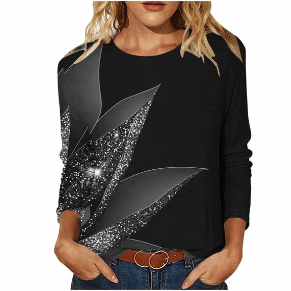 jjayotai Plus Size Womens Long Sleeve Shirts Round Neck Floral Printed Basic Tees Classic Fitted Tunic Tops Casual Fashion Dressy Clothes